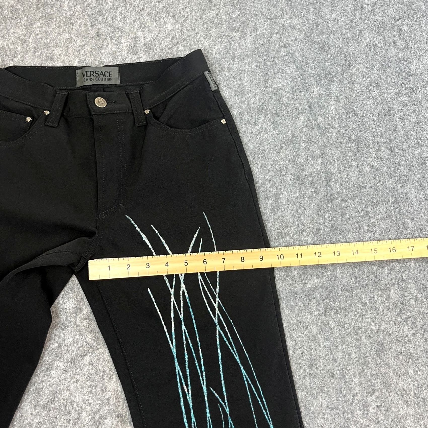 Versace VINTAGE Versace Black Straight Trousers 29 32 UK 10 Womens Pants Chino Flagship Logo Glitter Design Ballistic Elasticated? Size 29" - 5 Thumbnail
