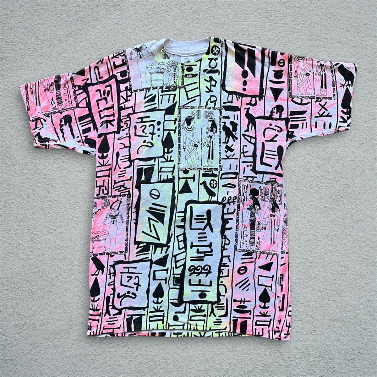 Fruit Of The Loom Vintage 90s Egyptian Hieroglyphics AOP Tee Shirt Art FORL SS Size US L / EU 52-54 / 3 - 8 Thumbnail