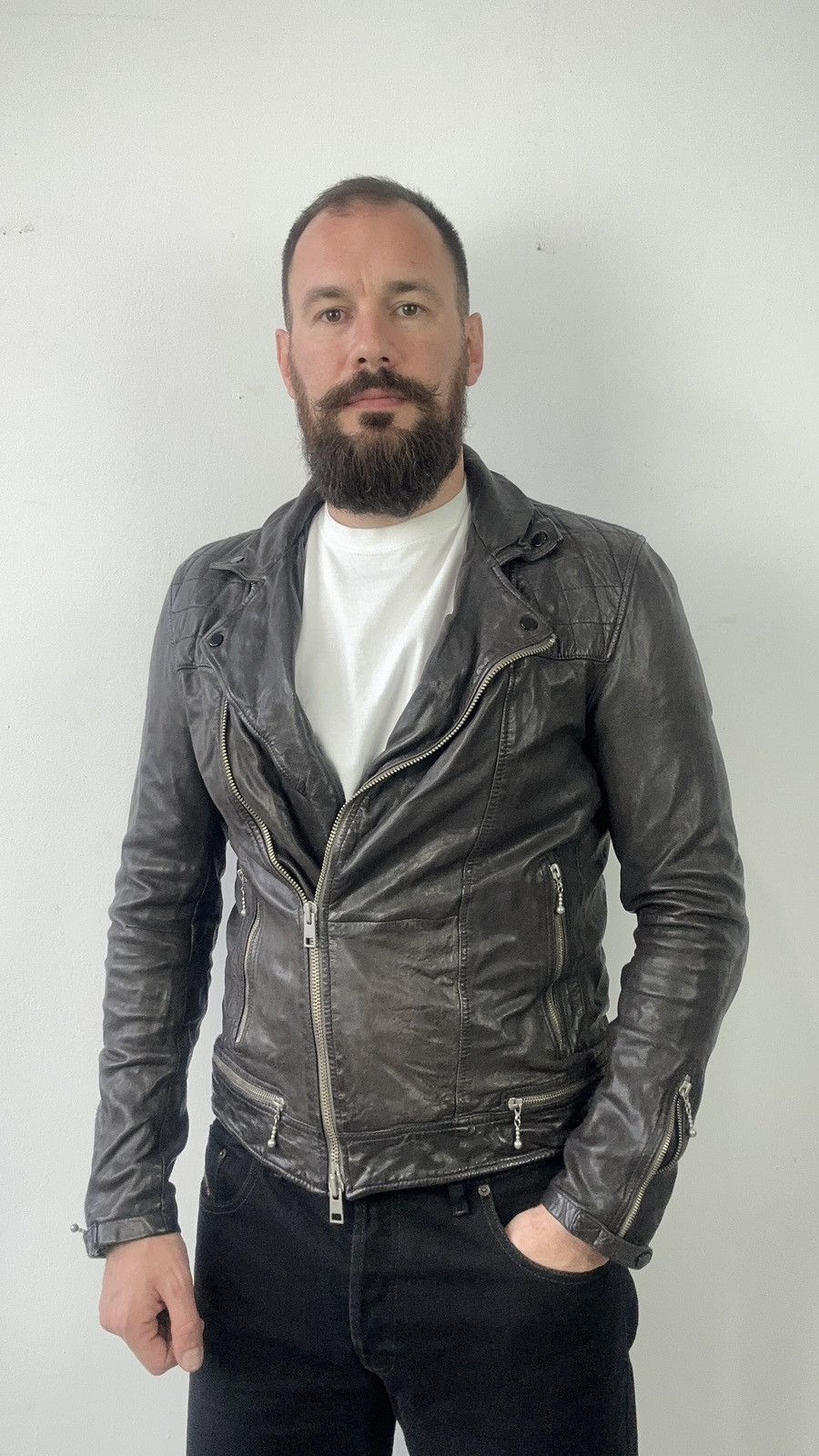 Allsaints AllSaints Conroy Men Leather Biker Jacket Quilted Double Zip Size US L / EU 52-54 / 3 - 2 Thumbnail