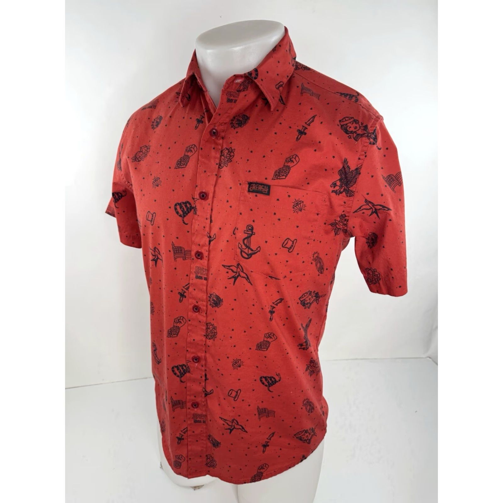 Vintage GREASY HANDS SOCIETY 1776 Tattoo Print Mens S Shirt Top Short Sleeve Red 90s Style DBT Size US S / EU 44-46 / 1 - 3 Thumbnail