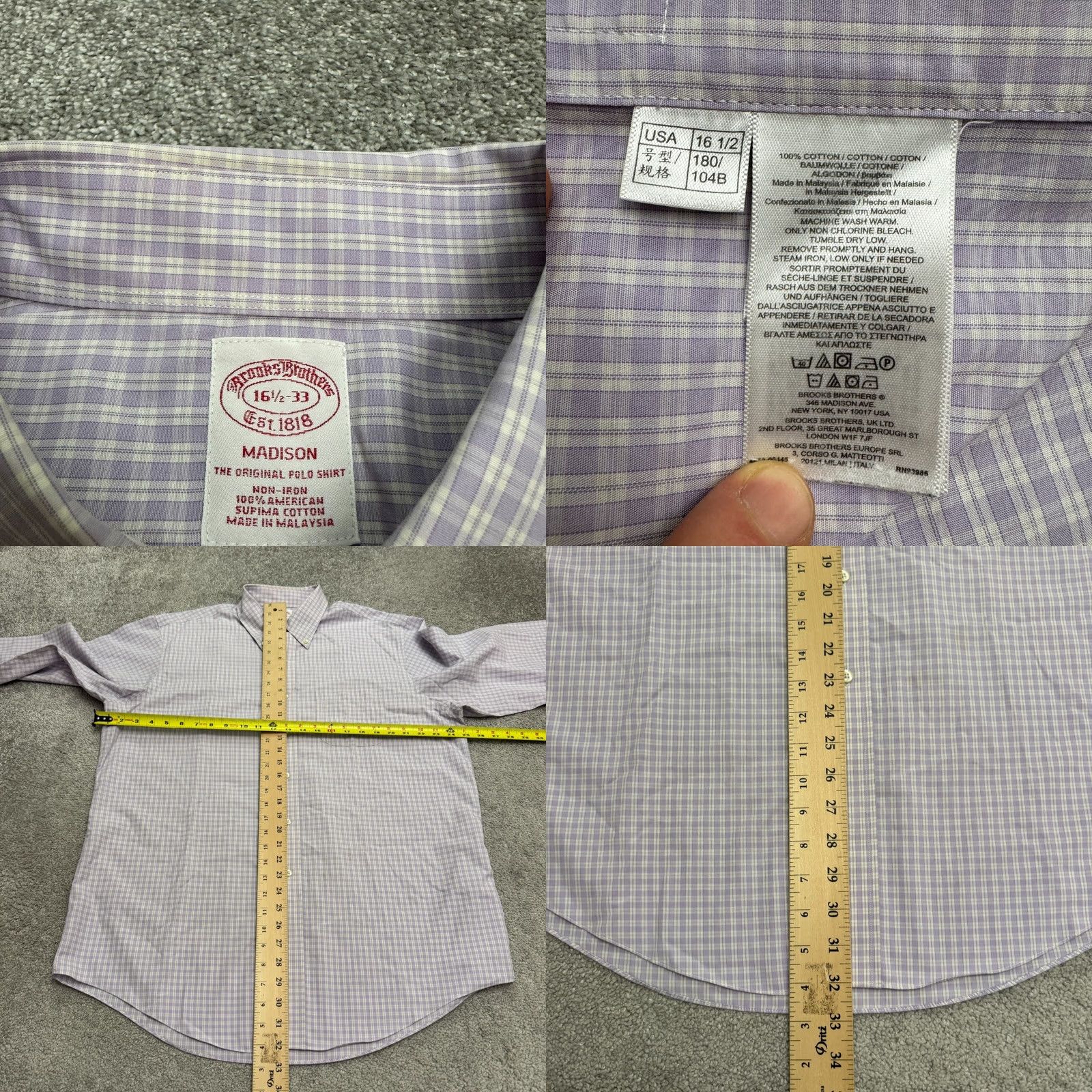 Brooks Brothers Brooks Brothers Dress Shirt Mens 16.5/33 Lavender White Check Cotton Non-Iron Size 46R - 8 Thumbnail