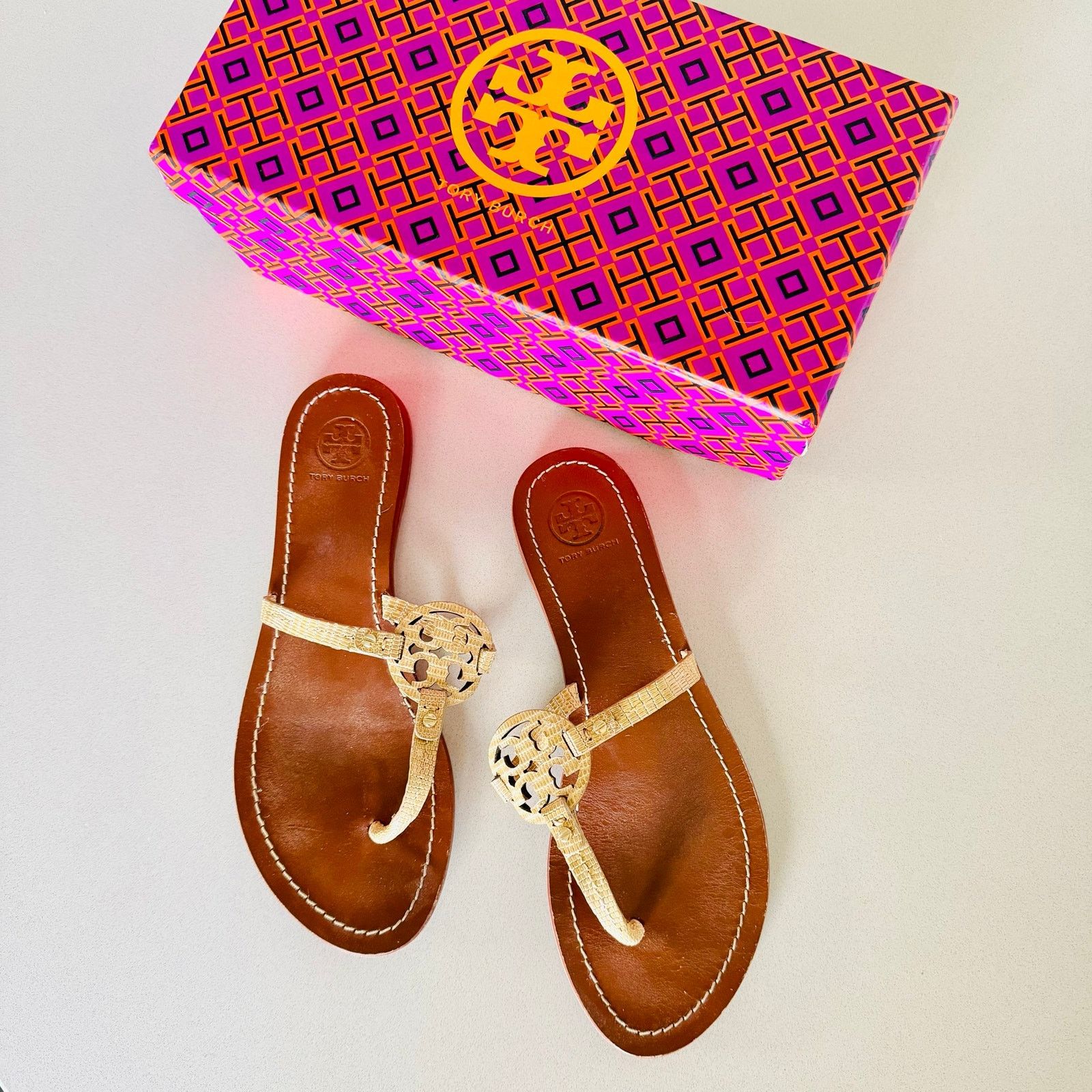 Tory Burch TORY BURCH Beige Brown Print Mini Miller $258 Slides Sandals Size US 8.5 / IT 38.5 - 17 Thumbnail