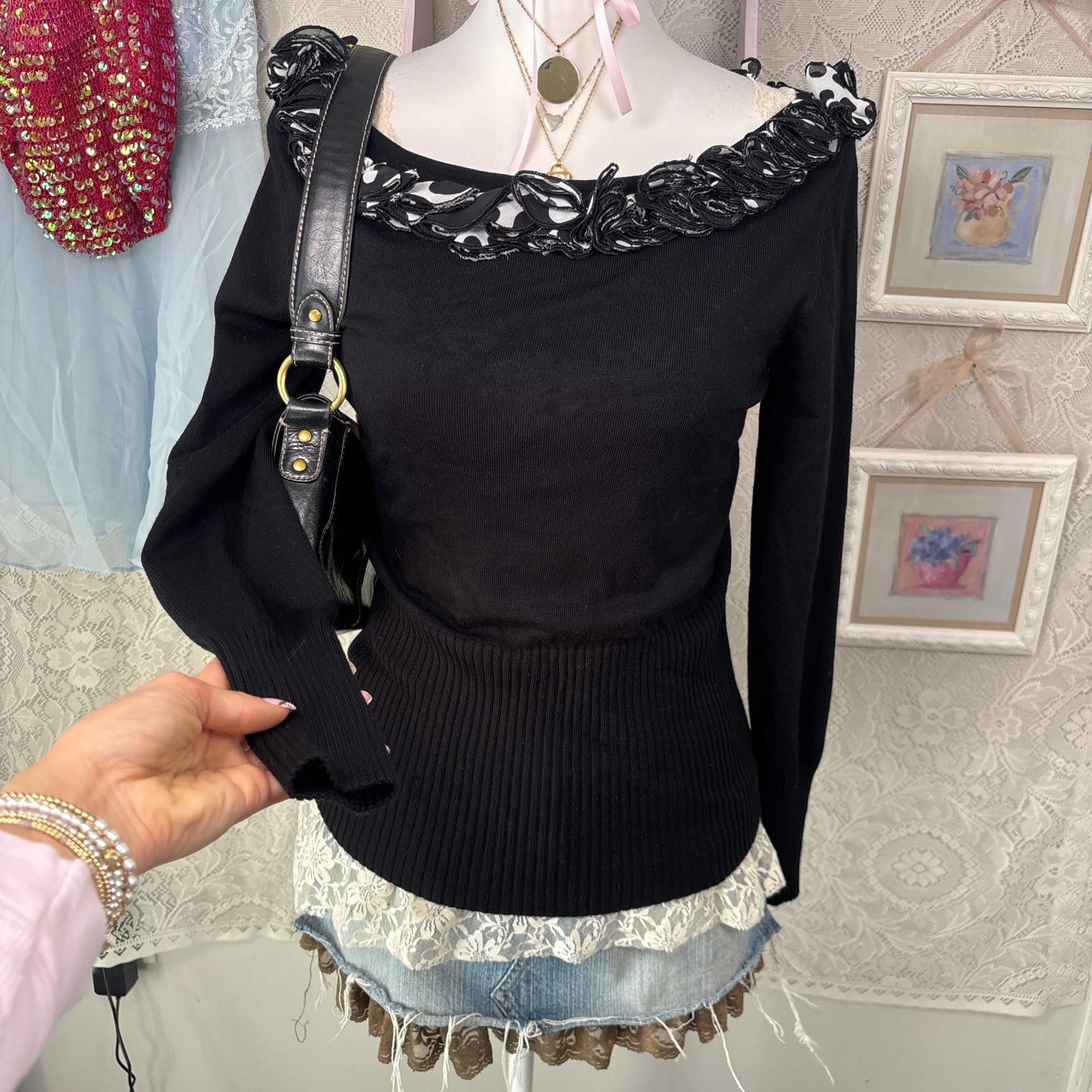 Baldinini vintage black polka dot grunge off the shoulder top Size M / US 6-8 / IT 42-44 - 1 Thumbnail