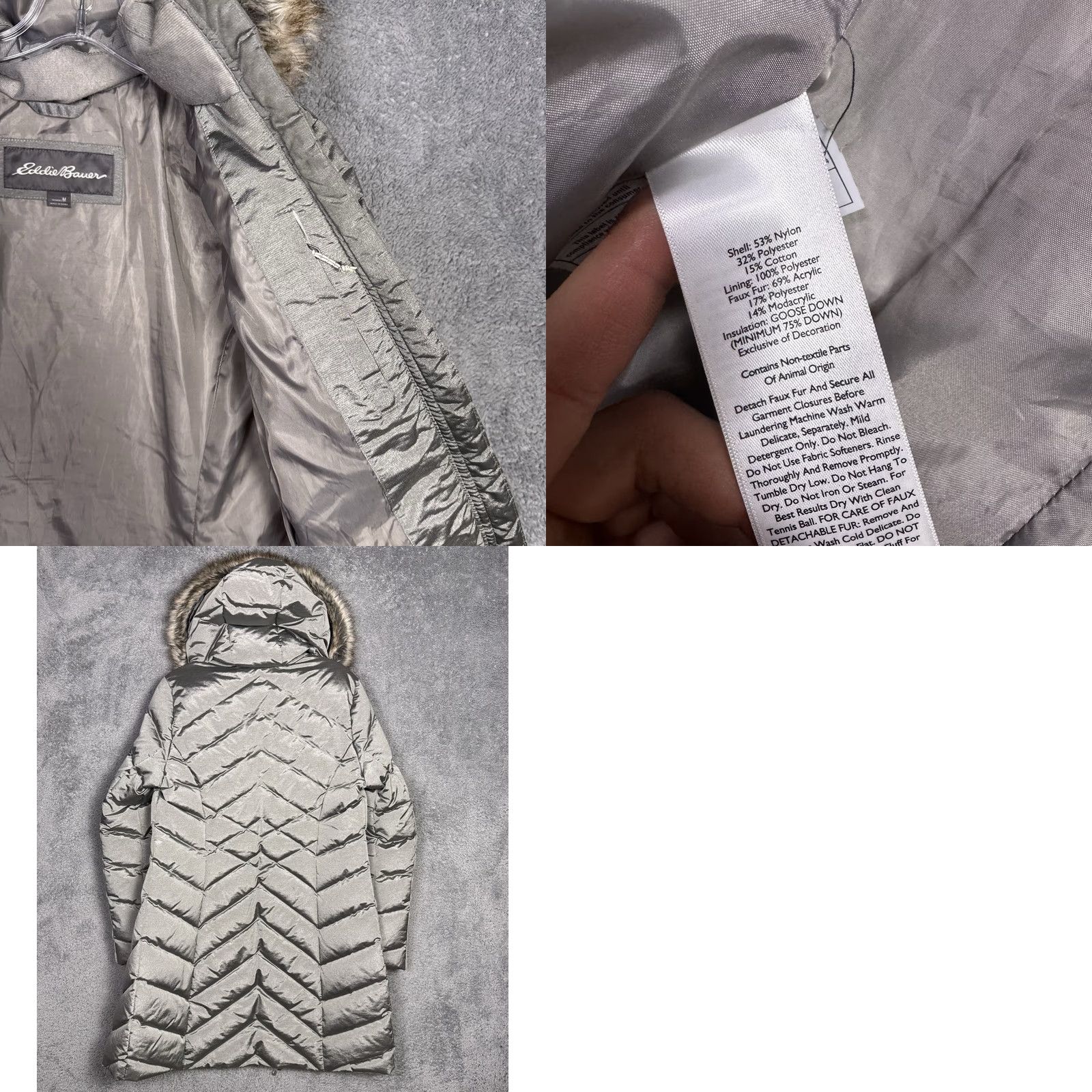 Eddie Bauer Eddie Bauer Down Jacket Womens M EB650 Fur Hooded Parka Quilted Puffer Nylon Silver Long Sleeve Zip Size M / US 6-8 / IT 42-44 - 9 Thumbnail