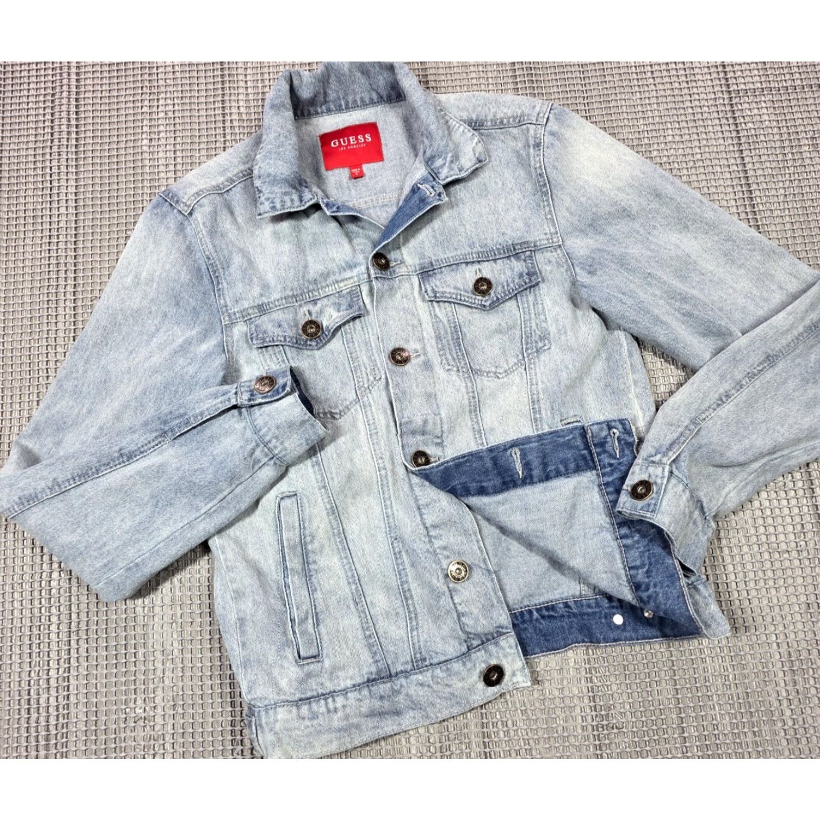 Guess GUESS Trucker Jacket Mens S Blue Denim Distressed Fade Cotton Jacket, 90s y2k, Los Angeles, Jean, Button, Logo, Embroidered, Pockets, Casual Menswear Size US 29 - 2 Thumbnail