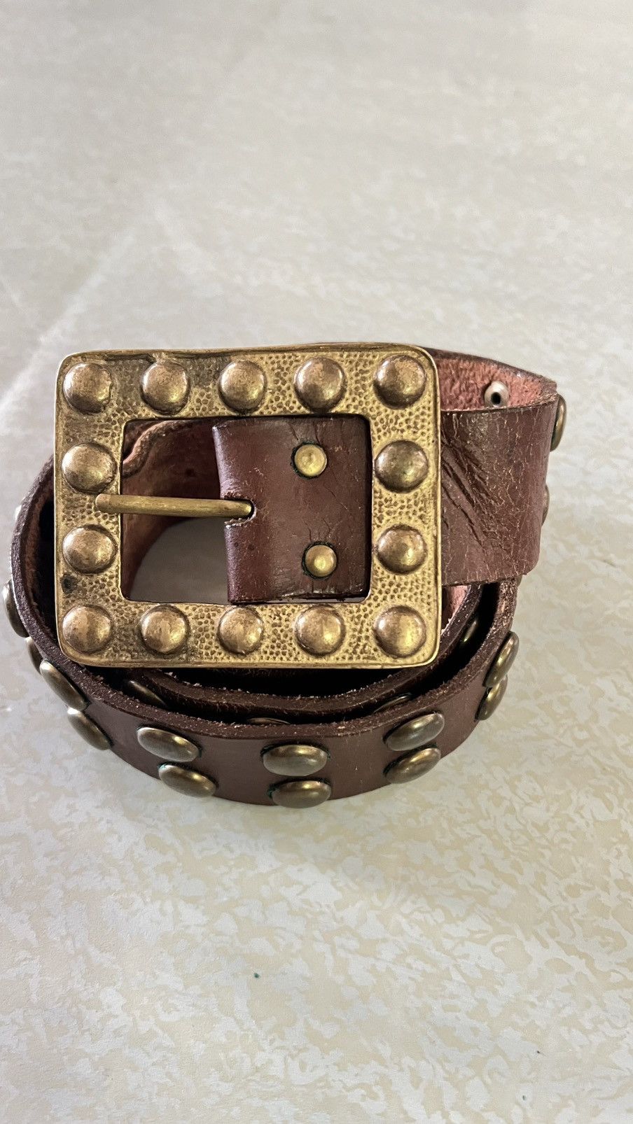 Other Vintage Studded Leather Belt Brass Buckle Size 36 - 1 Thumbnail