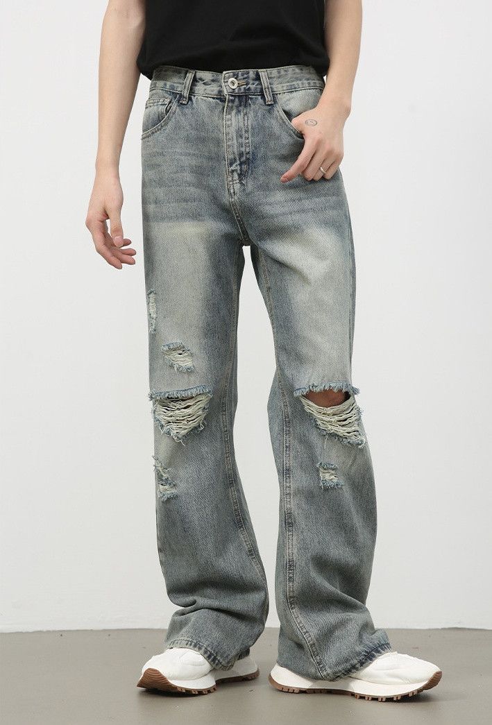 Japanese Brand × Jean Men's washed distressed straight-leg versatile ripped jeans Size US 32 / EU 48 - 2 Thumbnail