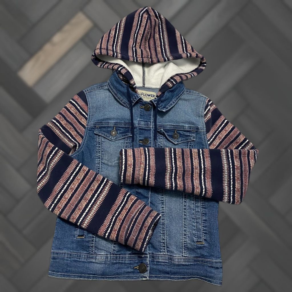 Vintage Wallflower Hooded Denim Jacket Shirt Women Juniors S Blue Striped Casual Basic Size 28" / US 6 / IT 42 - 1 Thumbnail