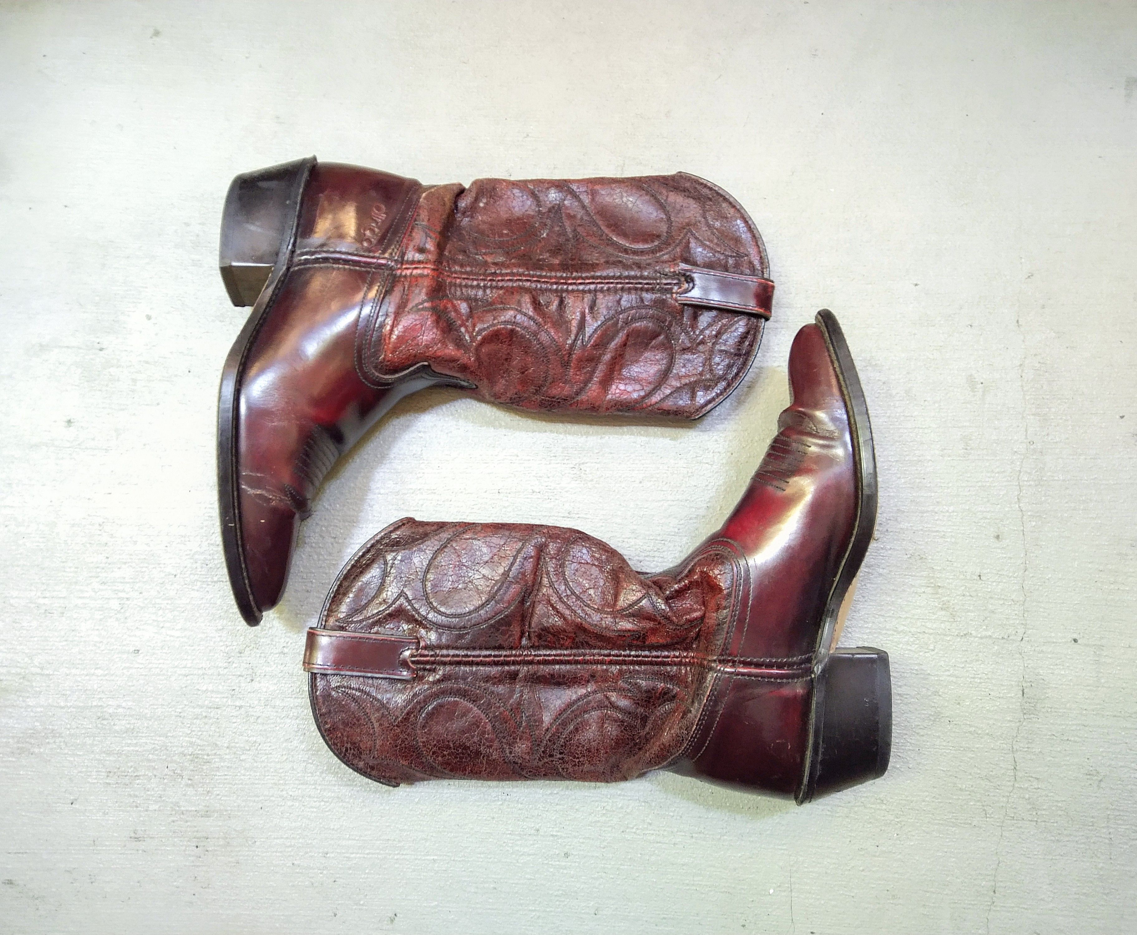 Vintage Cowboy Boots Size 7 D Burgundy Red Leather Botas