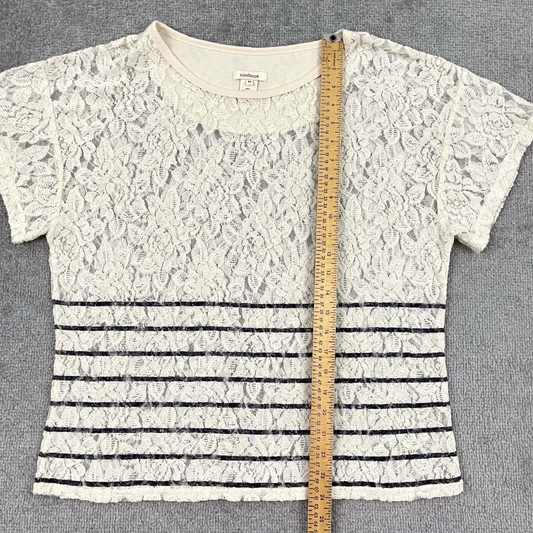 Vintage Sundance Blouse Womens Medium Cream Black Striped Floral Lace Sheer Boho Shirt Size M / US 6-8 / IT 42-44 - 3 Thumbnail