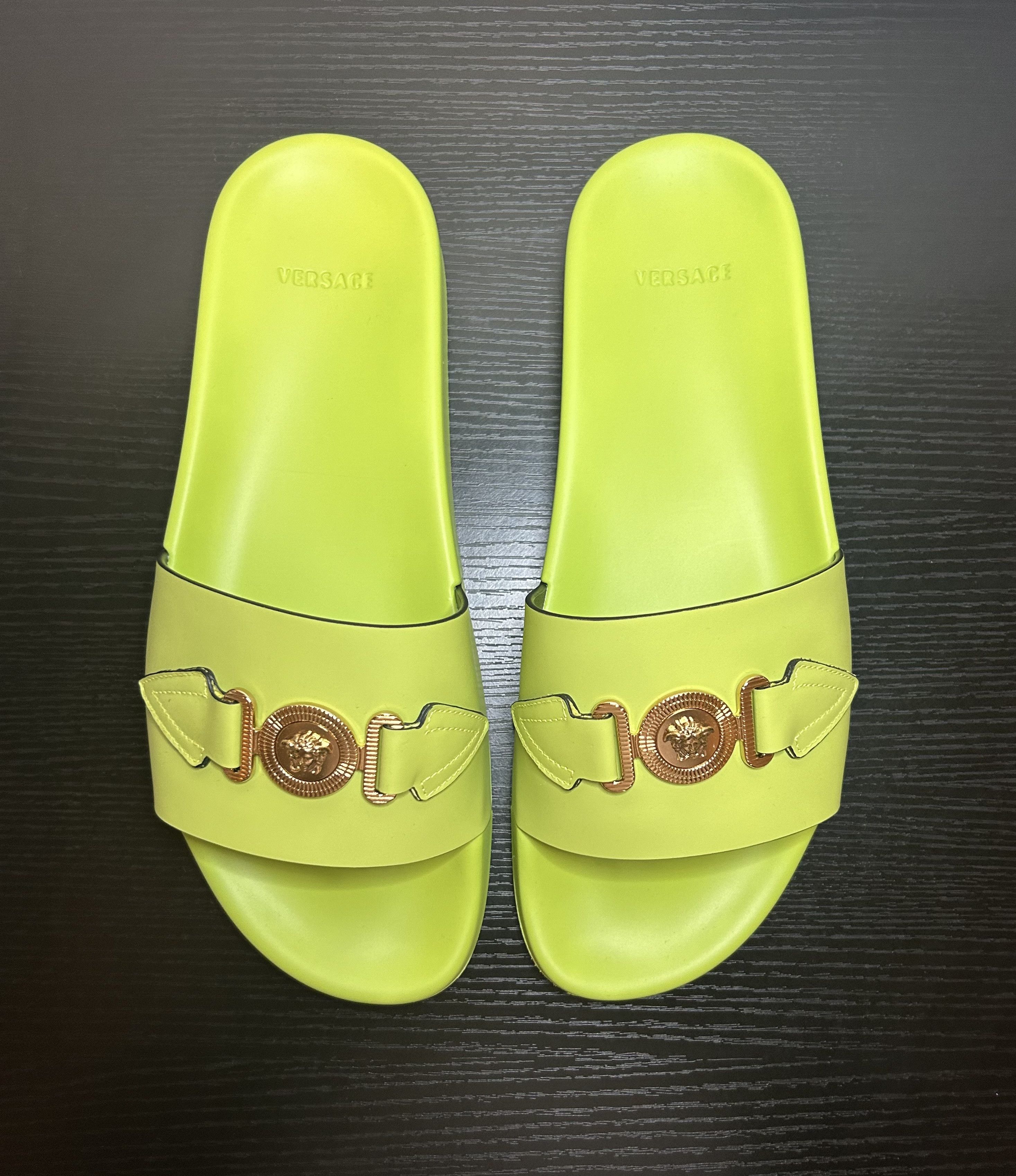 image of Versace Vitello Pool Slides in Citron, Men's (Size 11.5)