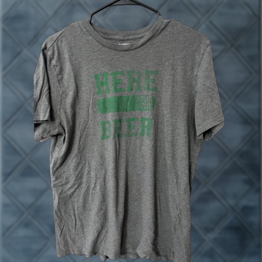 Express EXPRESS Men’s Graphic T-Shirt HERE FOR THE BEER St. Patrick’s Day Gray M Short Sleeve Crew Neck Cotton Knit Tee, Beer, Logo, 90s Vibe, Mens Size US M / EU 48-50 / 2 - 1 Thumbnail