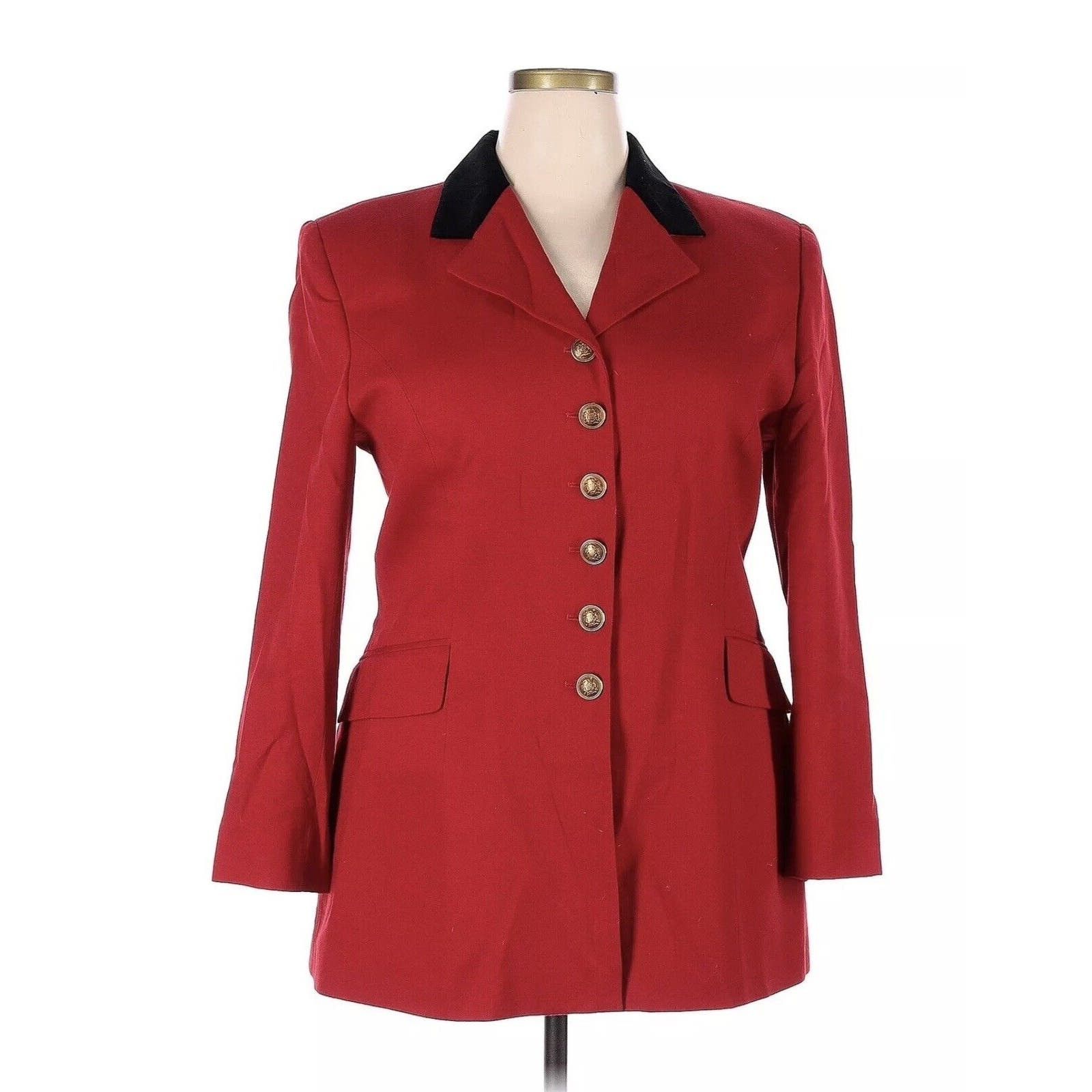 Image of Lauren Ralph Lauren Ralph Laurent Jacket Red Black Velvet Wool Riding Gold Button, Women's (Size XL