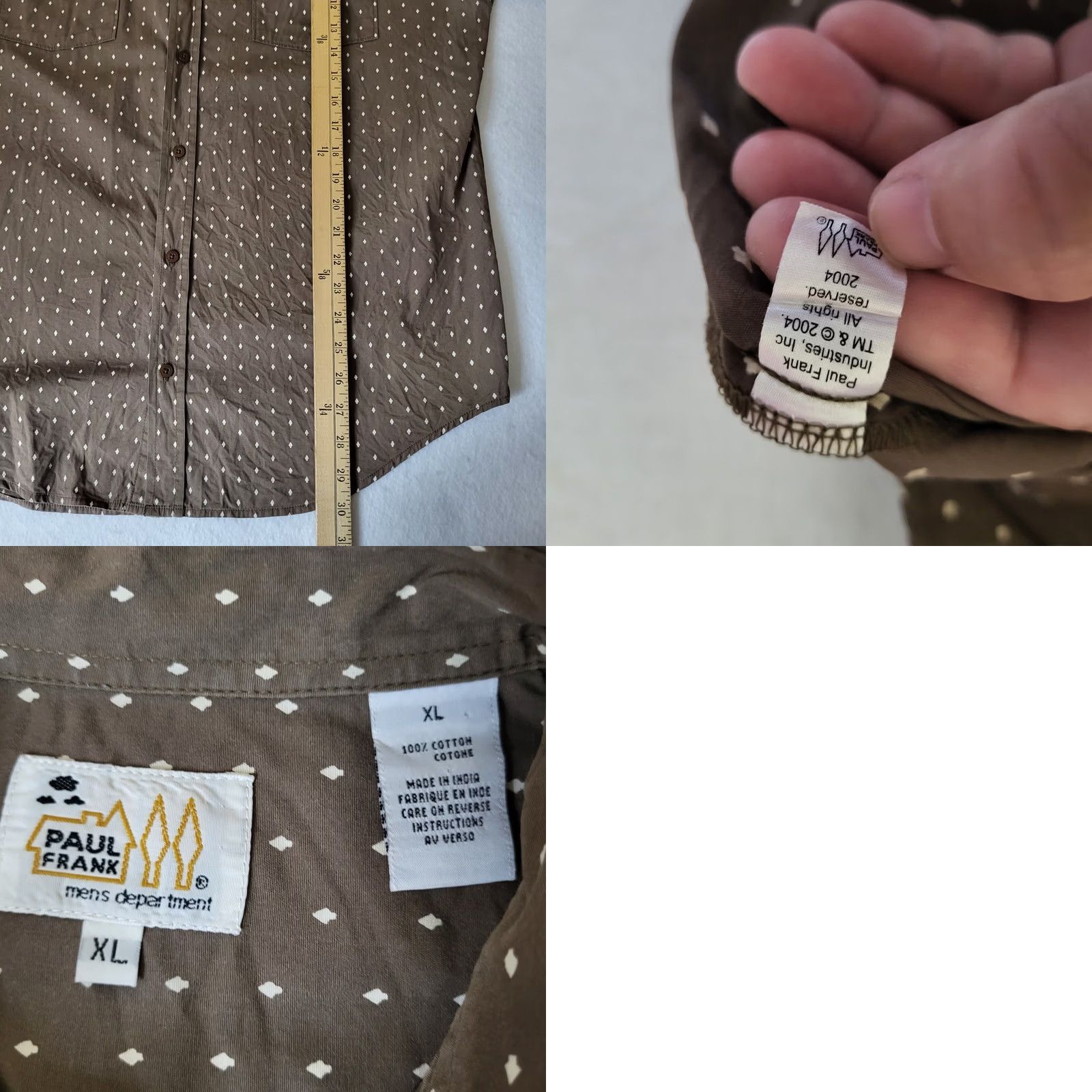 Paul Frank PAUL FRANX Shirt Button-Up Cotton Solid Brown White XL Men Casual Button-Down Short Sleeve Regular Fit Size US XL / EU 56 / 4 - 8 Thumbnail
