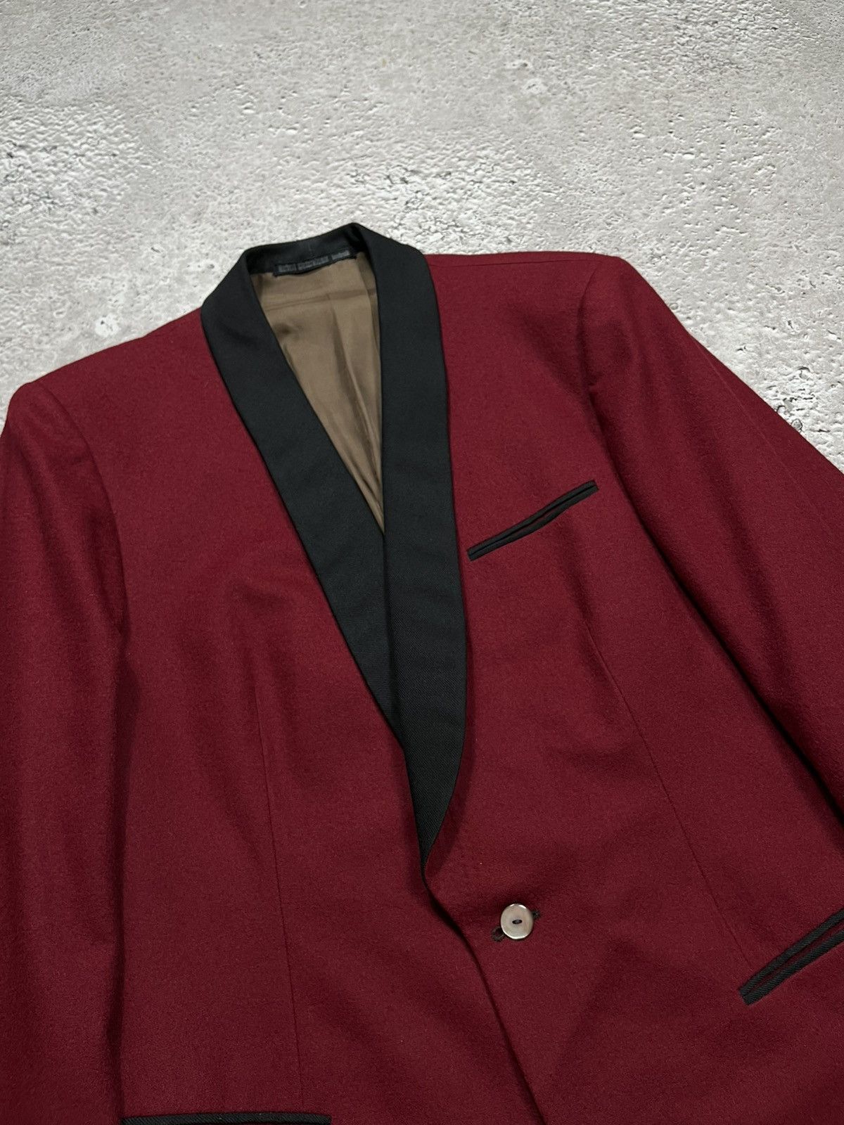 Japanese Brand Vintage Wool Tuxedo Blazer Burgundy Black Shawl Collar Size 42R - 9 Thumbnail