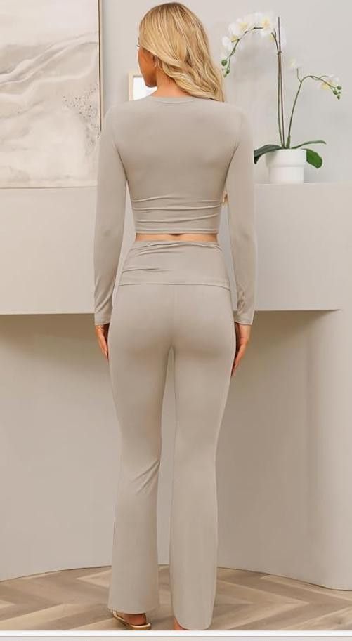 NBDN Nobrandedon Lounge Set Fold-Over Flare Pants,Long Sleeve Cropped LARGE Size ONE SIZE - 3 Thumbnail