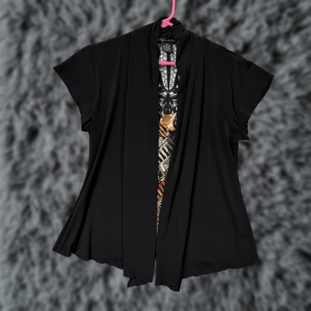 Vintage Suzie in the City Cardigan M Women Black Tunic Blouse Lightweight Knit Crochet Lace Geometric Print Open Front Sleeve Short Relaxed Vintage No Mkuu? Size M / US 6-8 / IT 42-44 - 1 Thumbnail