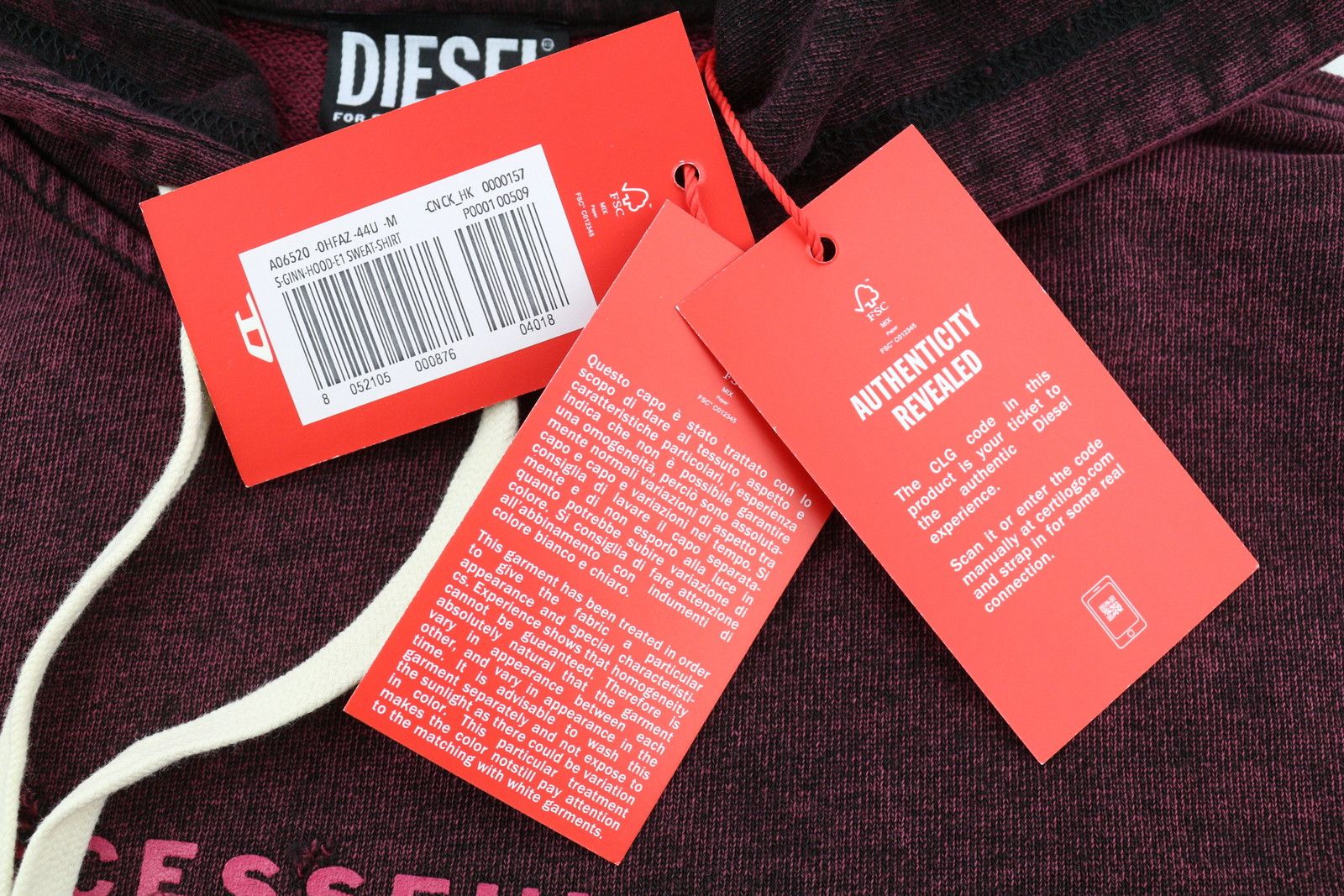 Diesel S-GINN-HOOD-E1 M Burgundy Distress Hoodie 41048 Size US M / EU 48-50 / 2 - 5 Thumbnail