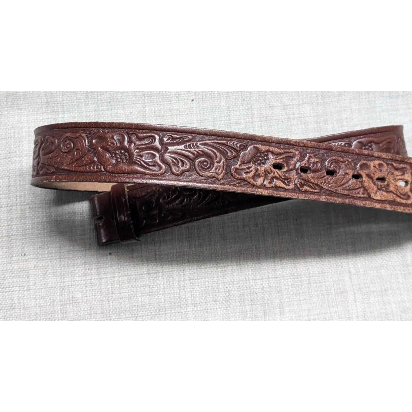Vintage VINTAGE western belt Tooled belt Buckle Floral brown leather 32 Men Size 32 - 4 Thumbnail
