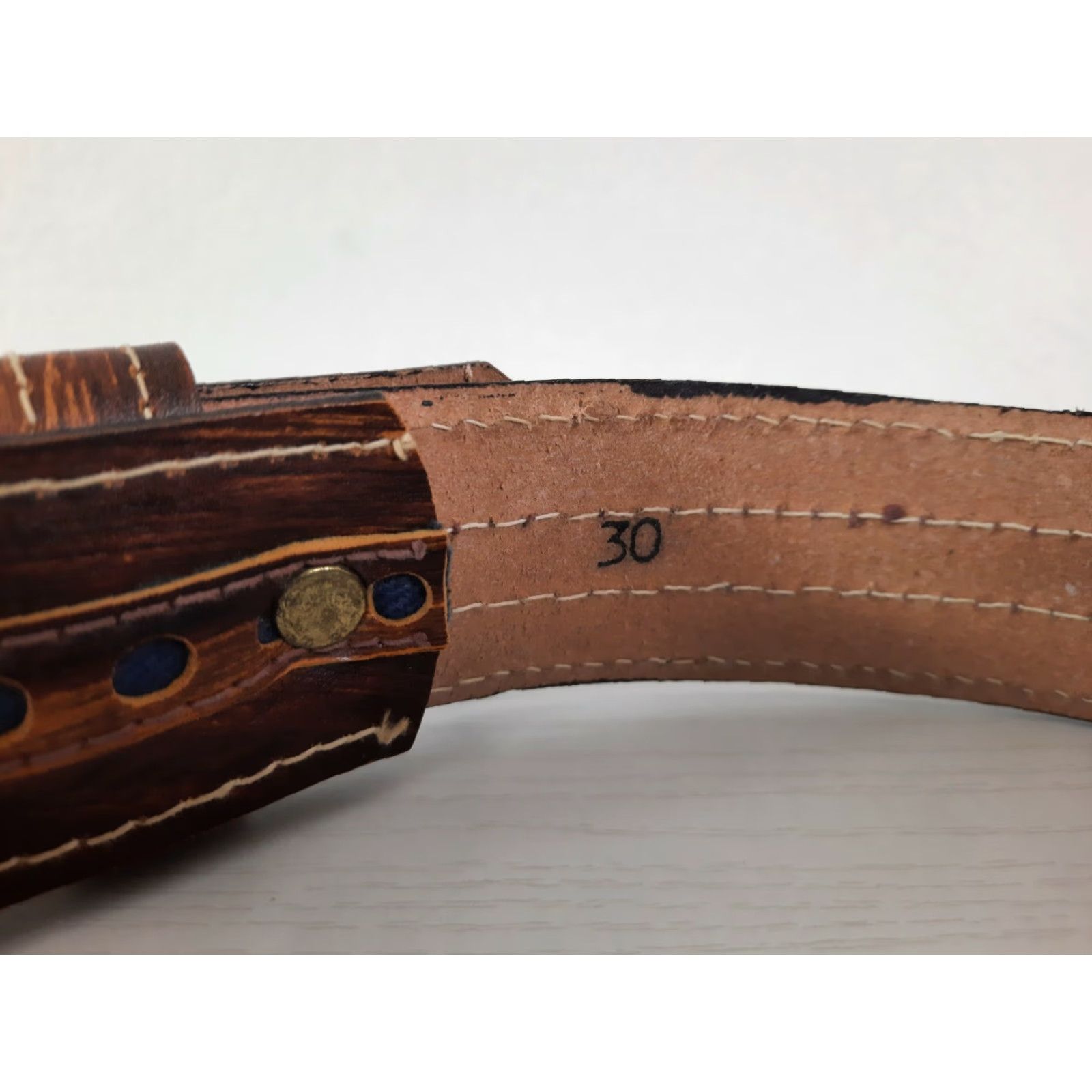 Vintage VINTAGE Stamped Brown Genuine Banded Leather Western Ranger Belt 30 Wood Print Belt Men Regular Brown 30 Western Ranger Belt Size 30 - 5 Thumbnail