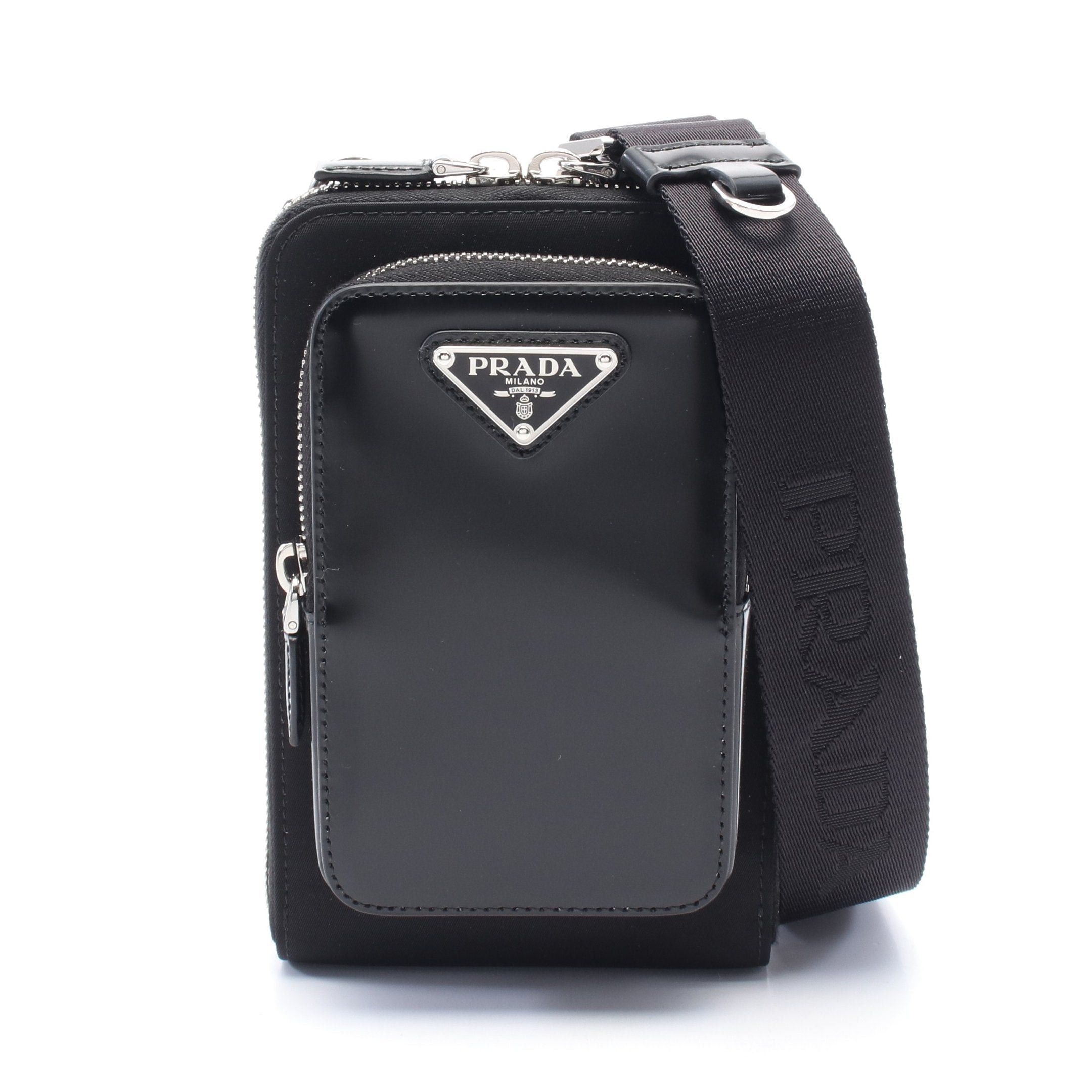 Prada Tessuto Spazzol Phone Case Shoulder Bag Leather Black