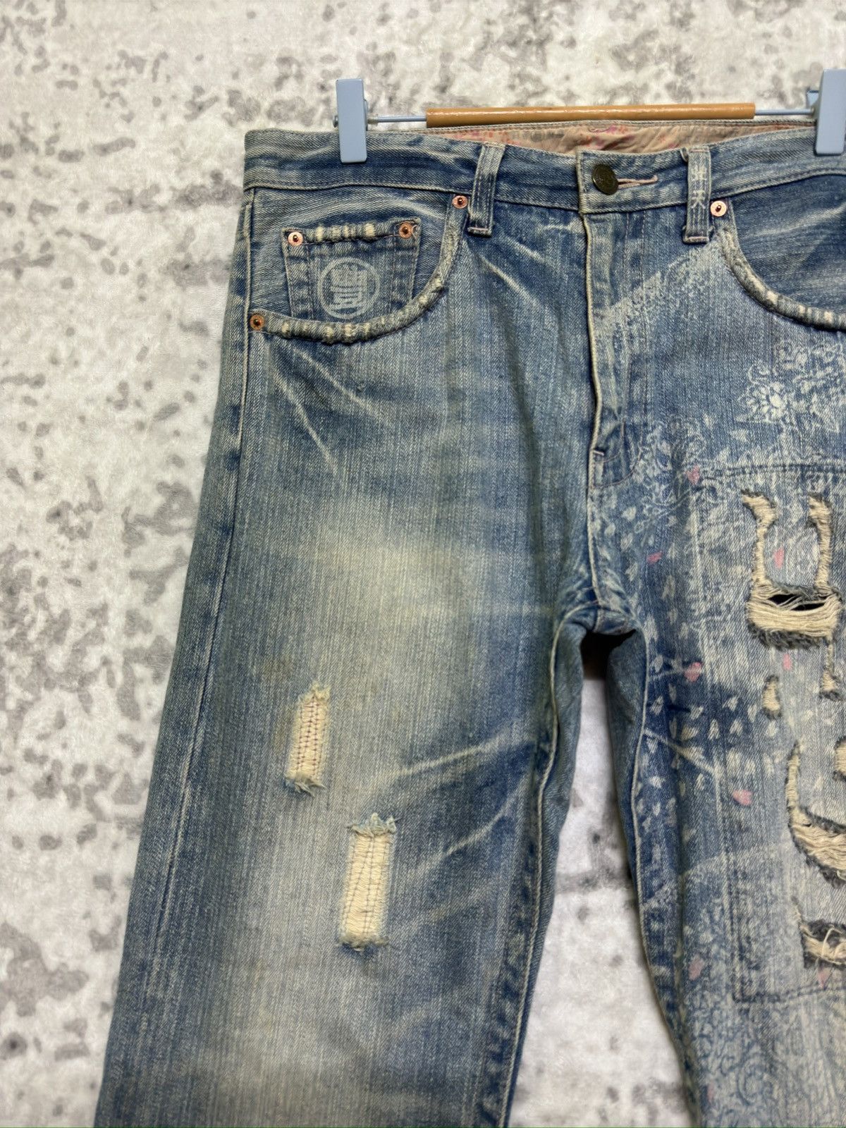 Hysteric Glamour Karakuri Tamashii Blue White Acid Wash Distressed Denim Size US 33 - 4 Thumbnail