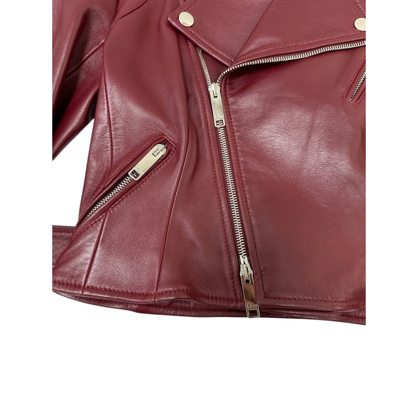 Dior Christian Dior Burgundy Leather Biker Jacket Sz.38 Size S / US 4 / IT 40 - 3 Thumbnail
