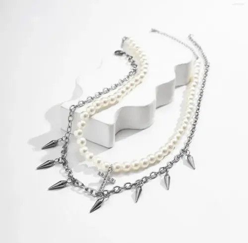 Japanese Brand × Vintage Unisex punk pearl beaded necklace layered cross chain Size ONE SIZE - 2 Thumbnail