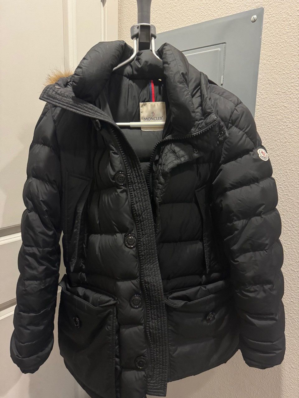 image of Moncler Cluny Down Jacket With Fur Lining in Black, Men's (Size Small)