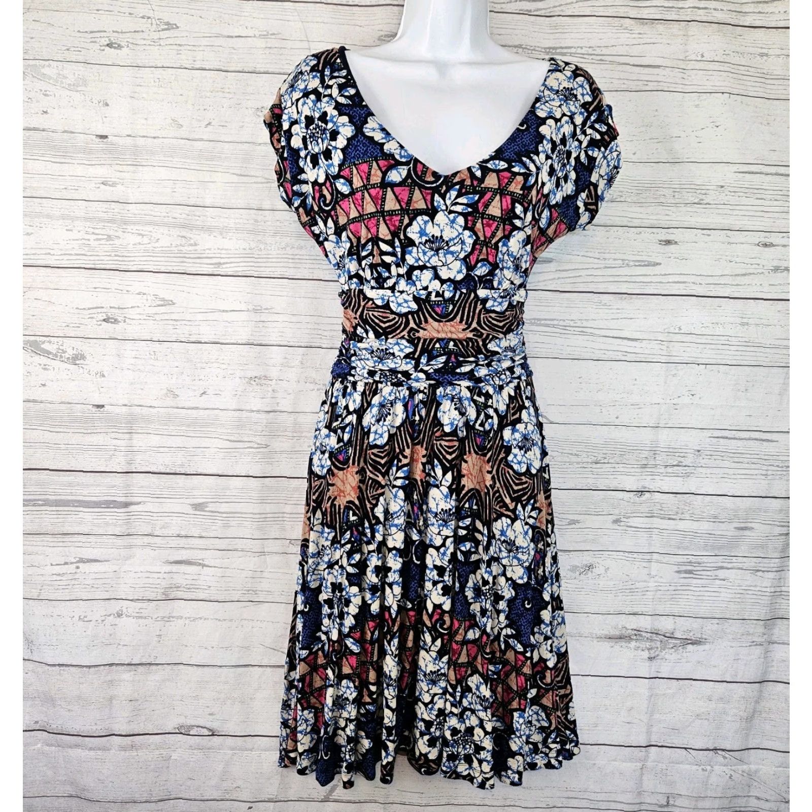 Vintage Meadow Rue Womens Dress XS Blue Floral Rayon Scoop Neck Short Sleeve Knee Length Size XS / US 0-2 / IT 36-38 - 2 Thumbnail