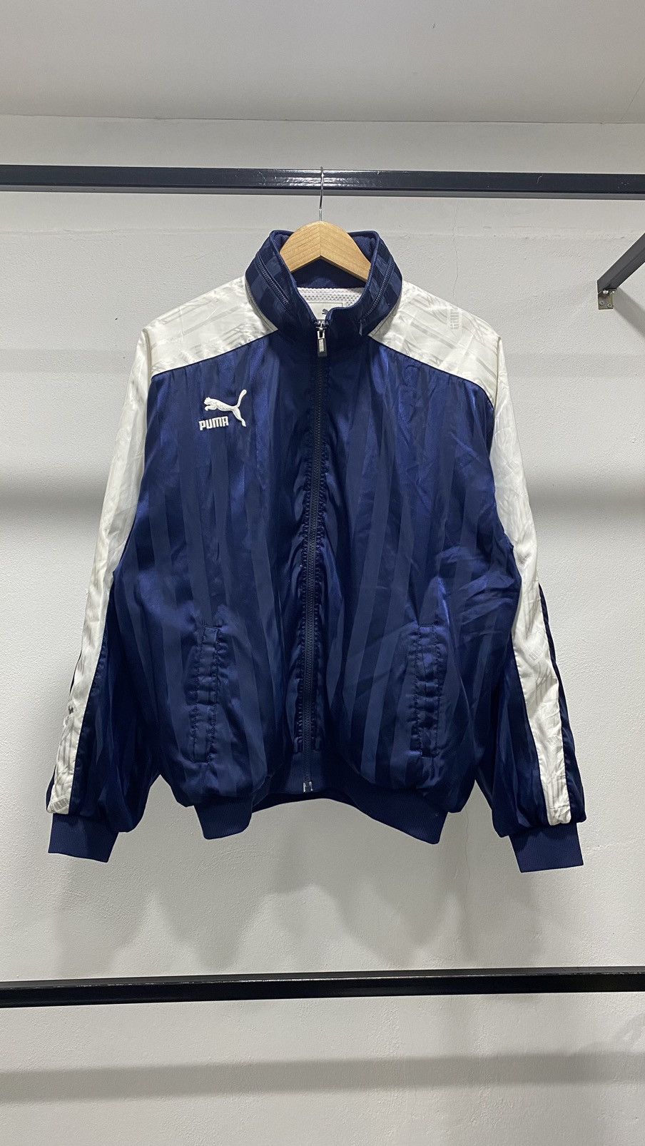 image of Vintage Puma Windbreaker 80's With Hoodie in Blue, Men's (Size Large)