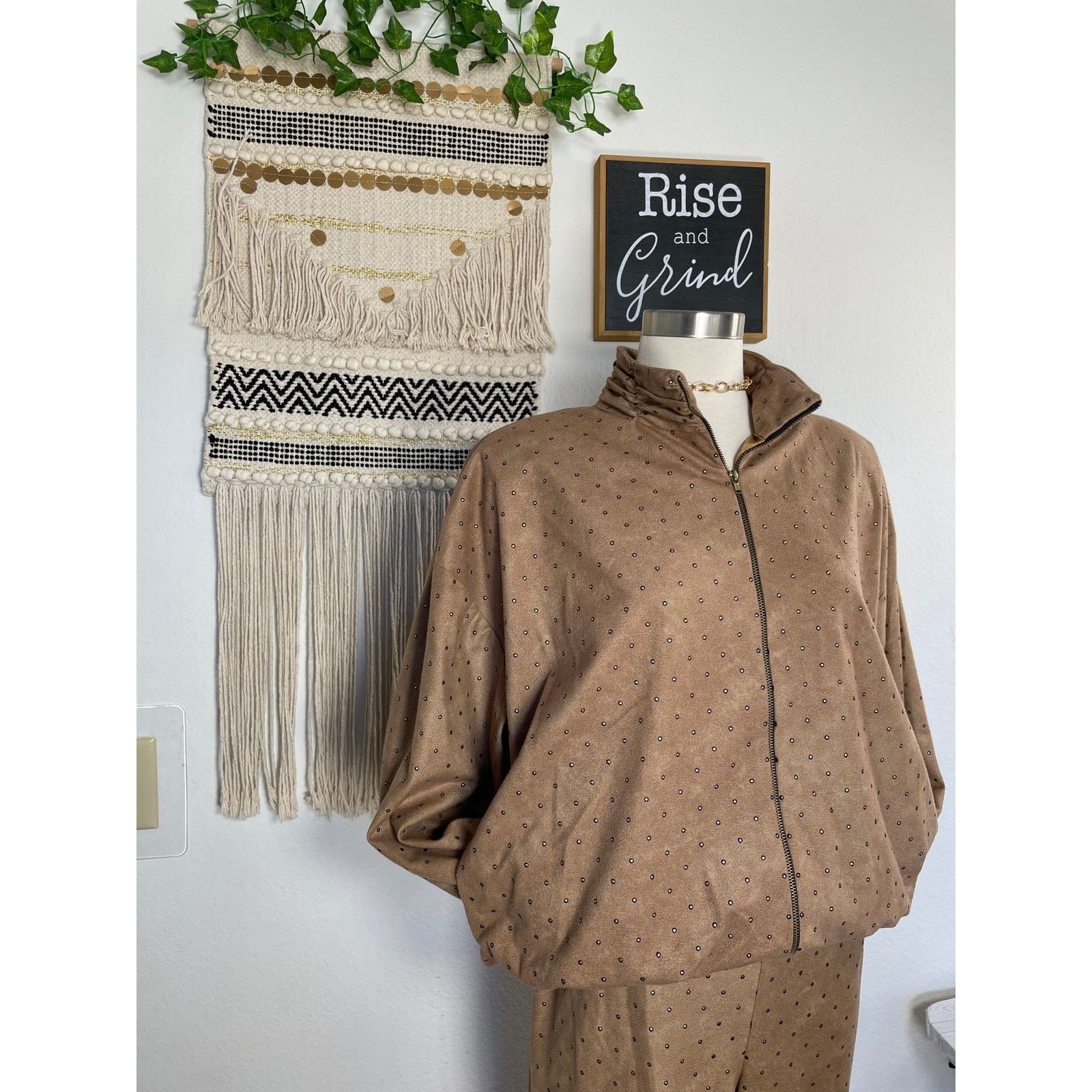 Vintage Caramel Stud Zipper Bomber Jacket Stretch Pant Set M