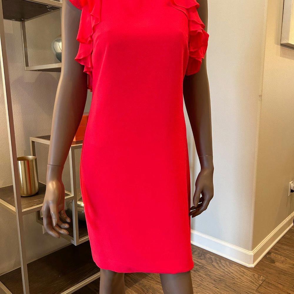 Designer Trina Turk Amanda Chiffon Ruffle Cold Shoulder Sheath Dress Size XS / US 0-2 / IT 36-38 - 3 Thumbnail