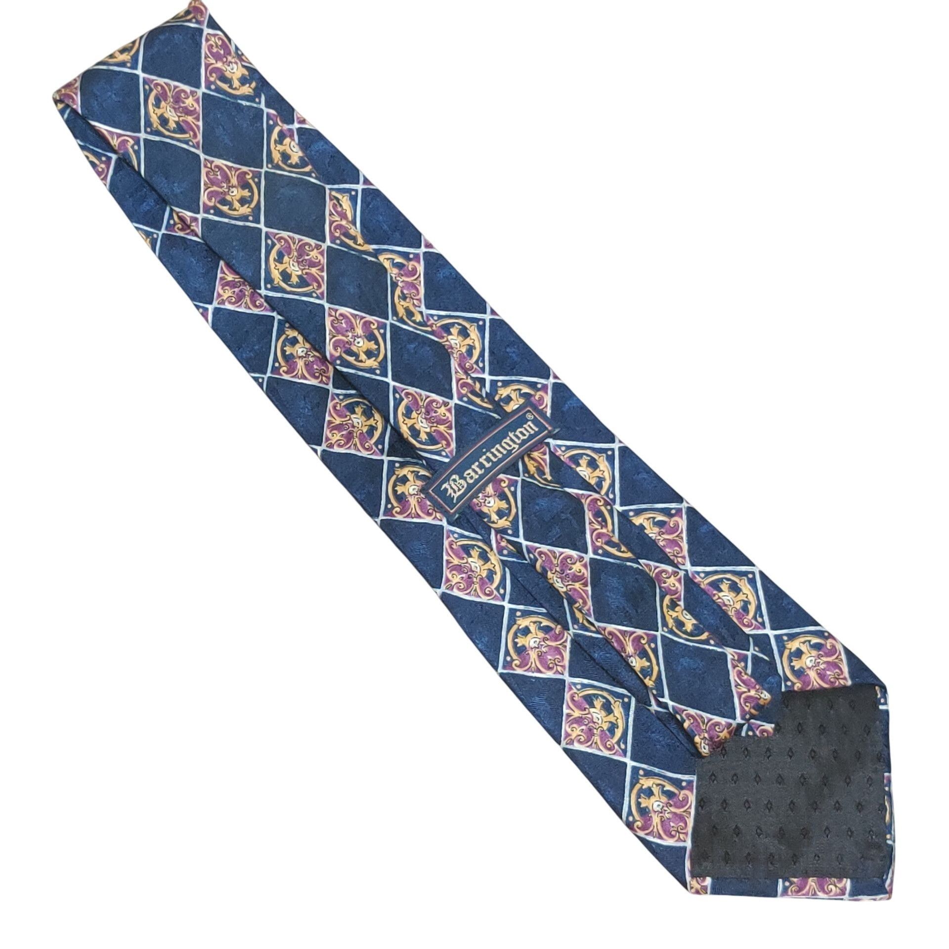 Vintage Barrington 100% Silk Tie Blue Purple Gold Diamond Scroll Vin Size ONE SIZE - 3 Thumbnail