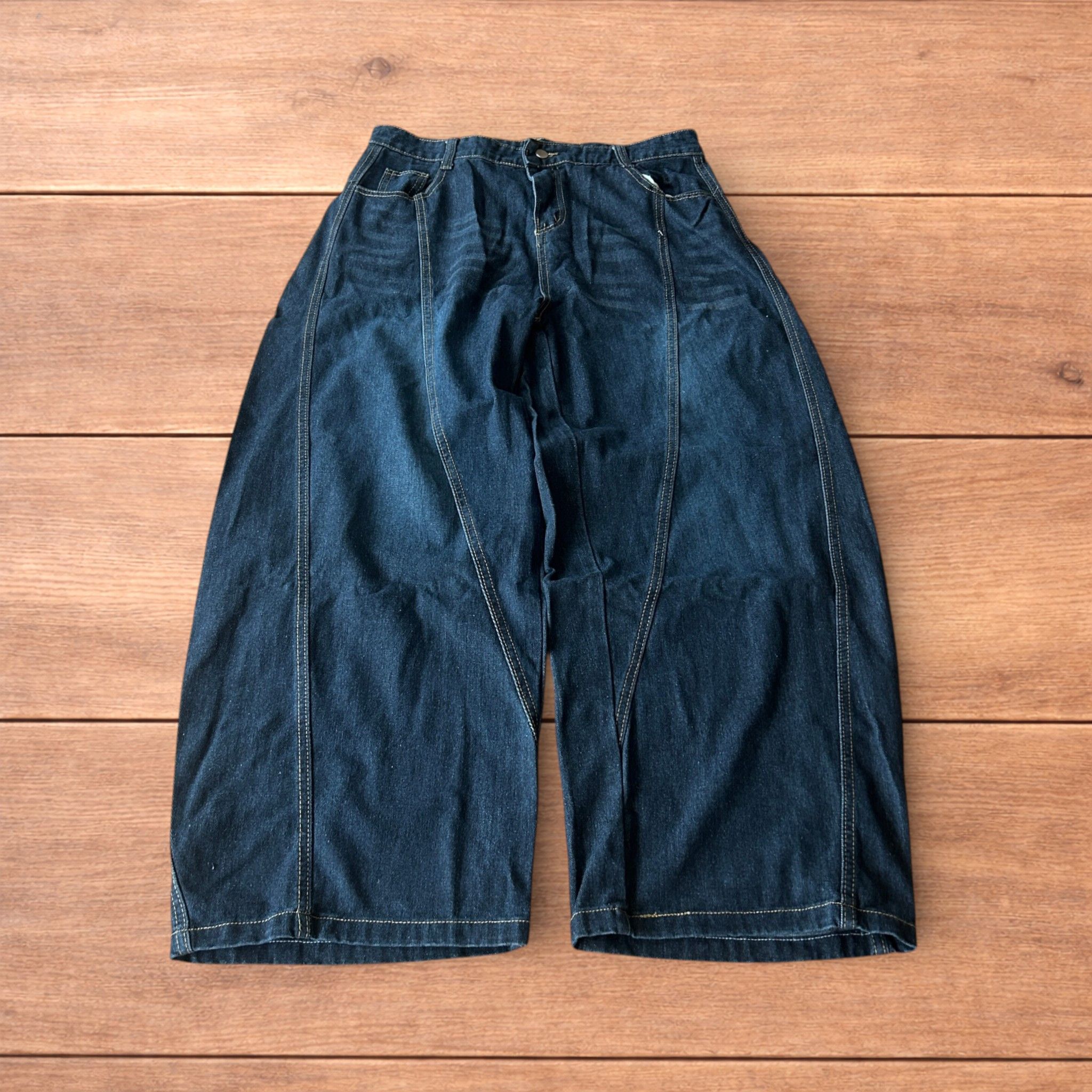 Japanese Brand Baggy wide leg skater jeans with embroidery in dark blue. Size US 34 / EU 50 - 2 Thumbnail