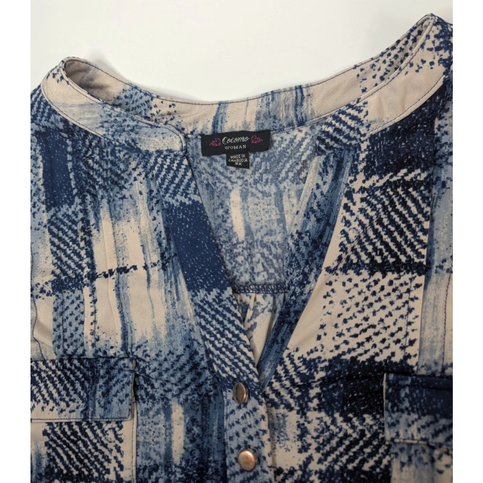 Vintage Cocomo Plaid 3/4 Roll Tab Sleeve Button Top V-Neck Henley Plus 3X Blue Knit Blouse Women Shirt Tunic Size XXL / US 16-18 / IT 52-54 - 7 Thumbnail