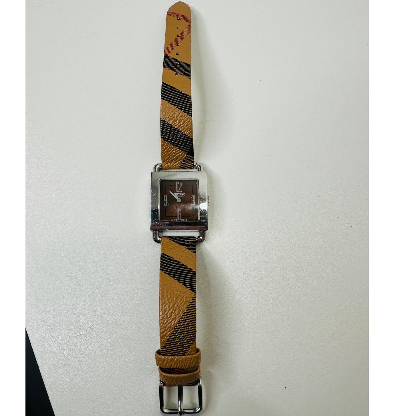 Coach Coach Silver Square Bronze Face Watch Tan Plaid Watchband Size ONE SIZE - 2 Thumbnail