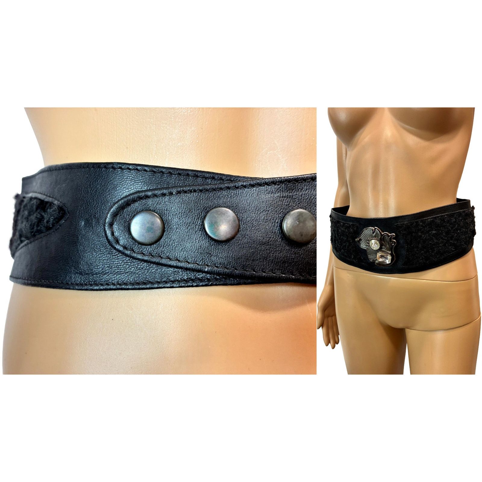 Genuine Leather × Vintage 80s GLAM Black Leather Persian Lamb Wide Waist Belt Size ONE SIZE - 11 Thumbnail
