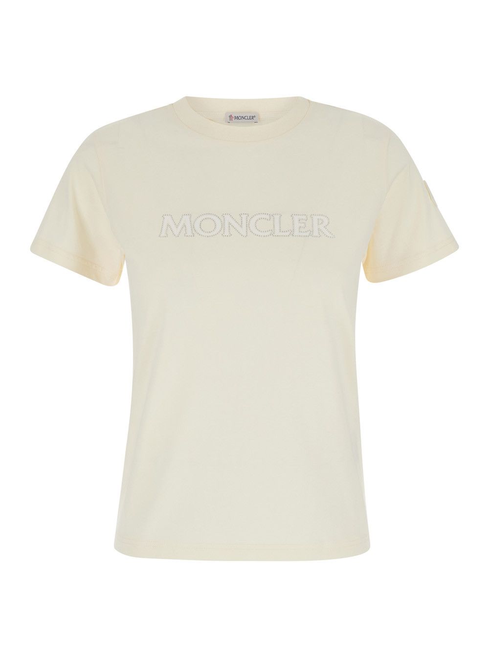 Moncler Cream White Crewneck T-Shirt with Logo Lettering in Cotton Woman Size XL / US 12-14 / IT 48-50 - 1 Thumbnail