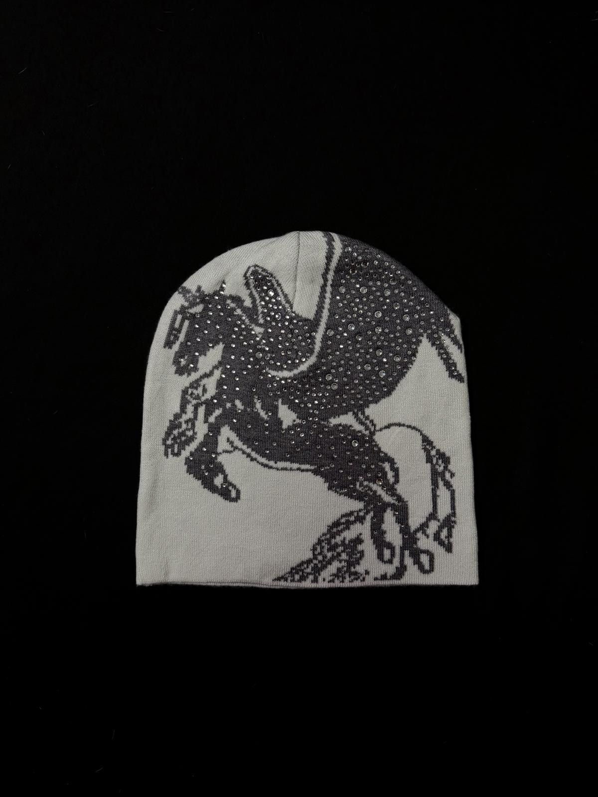 Y2K Pegasus Print No Cuff Knit Beanie Hat White Os, Men’s