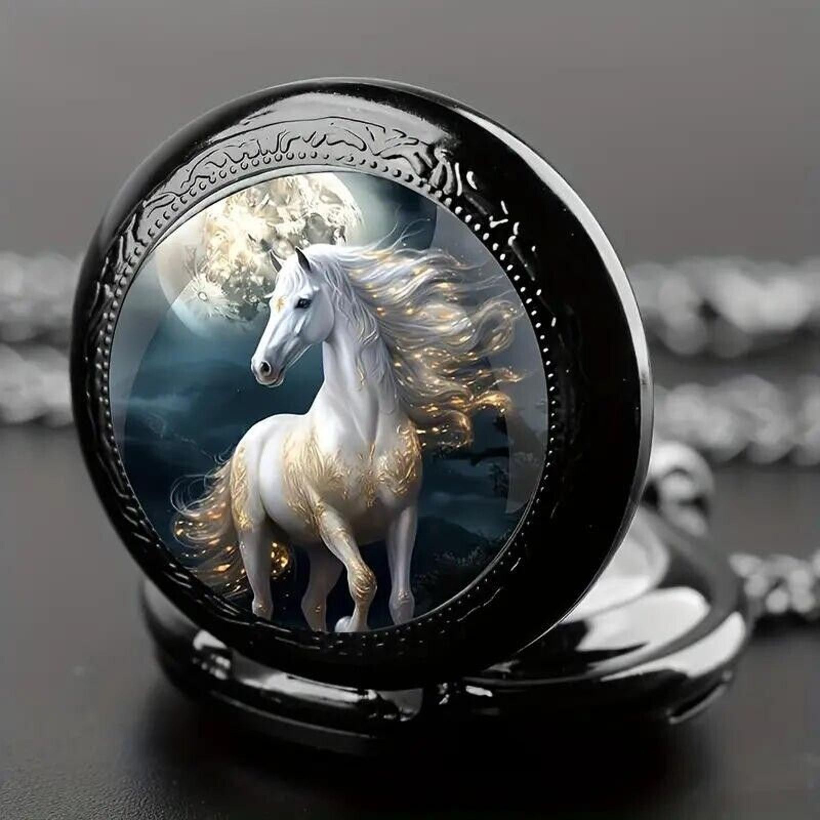 Other White Arab Horse Quartz Pocket Watch • Flowing Mane • Moon Size ONE SIZE - 4 Thumbnail