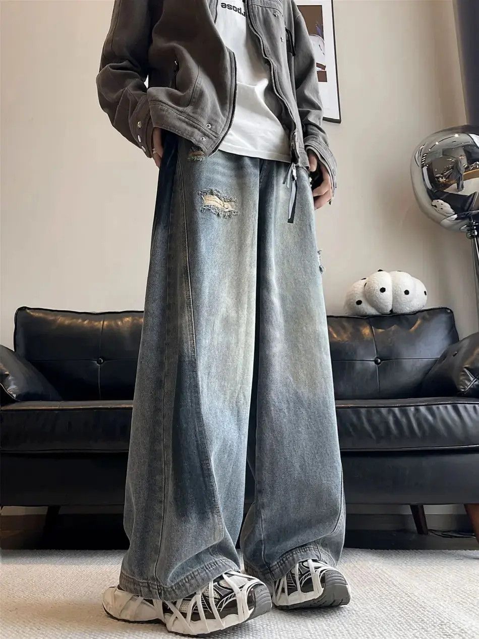 Japanese Brand Retro loose washed wide leg ripped jeans Size US 32 / EU 48 - 2 Thumbnail