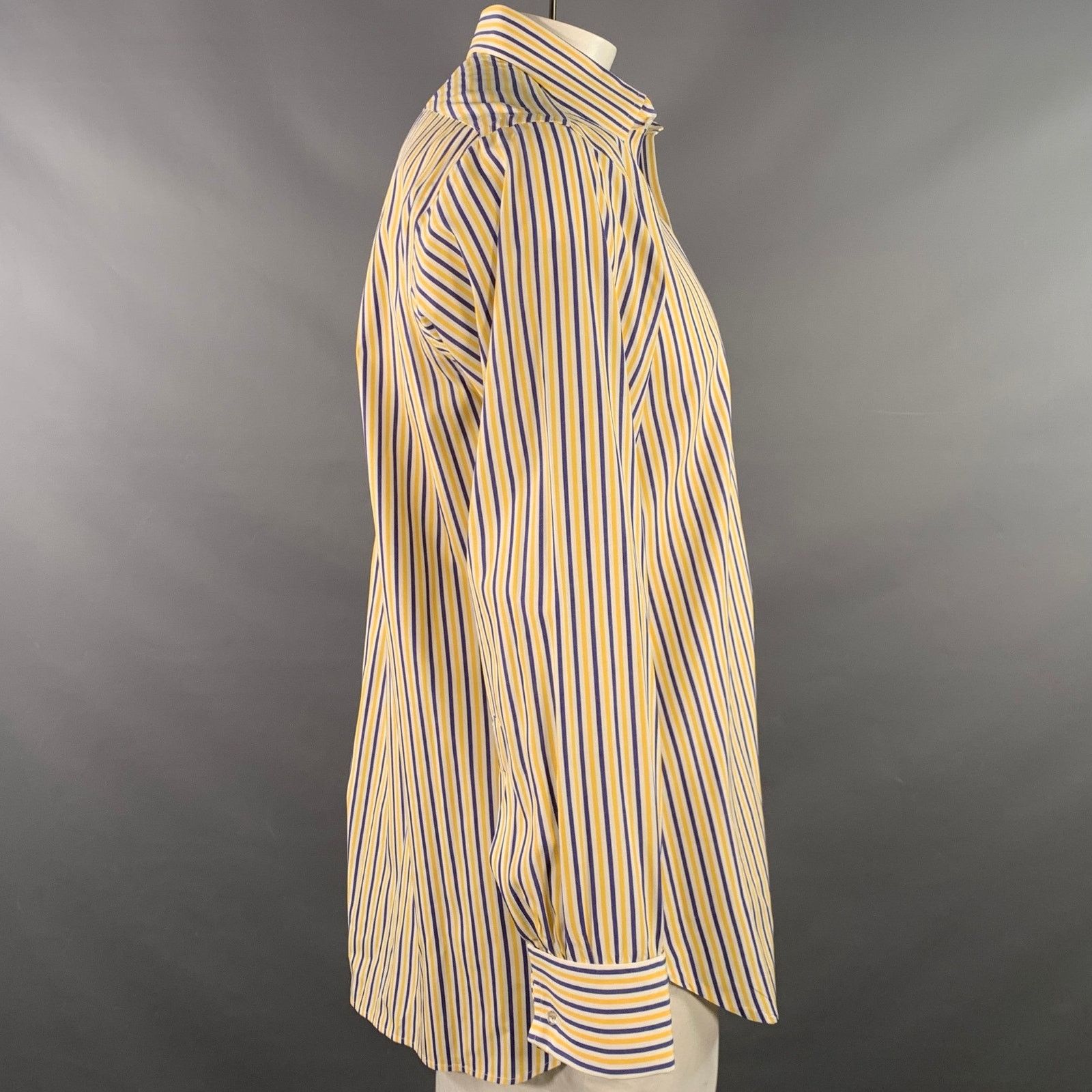 Turnbull & Asser White Navy Yellow Stripe Cotton French Cuff Long Sleeve Size US L / EU 52-54 / 3 - 3 Thumbnail
