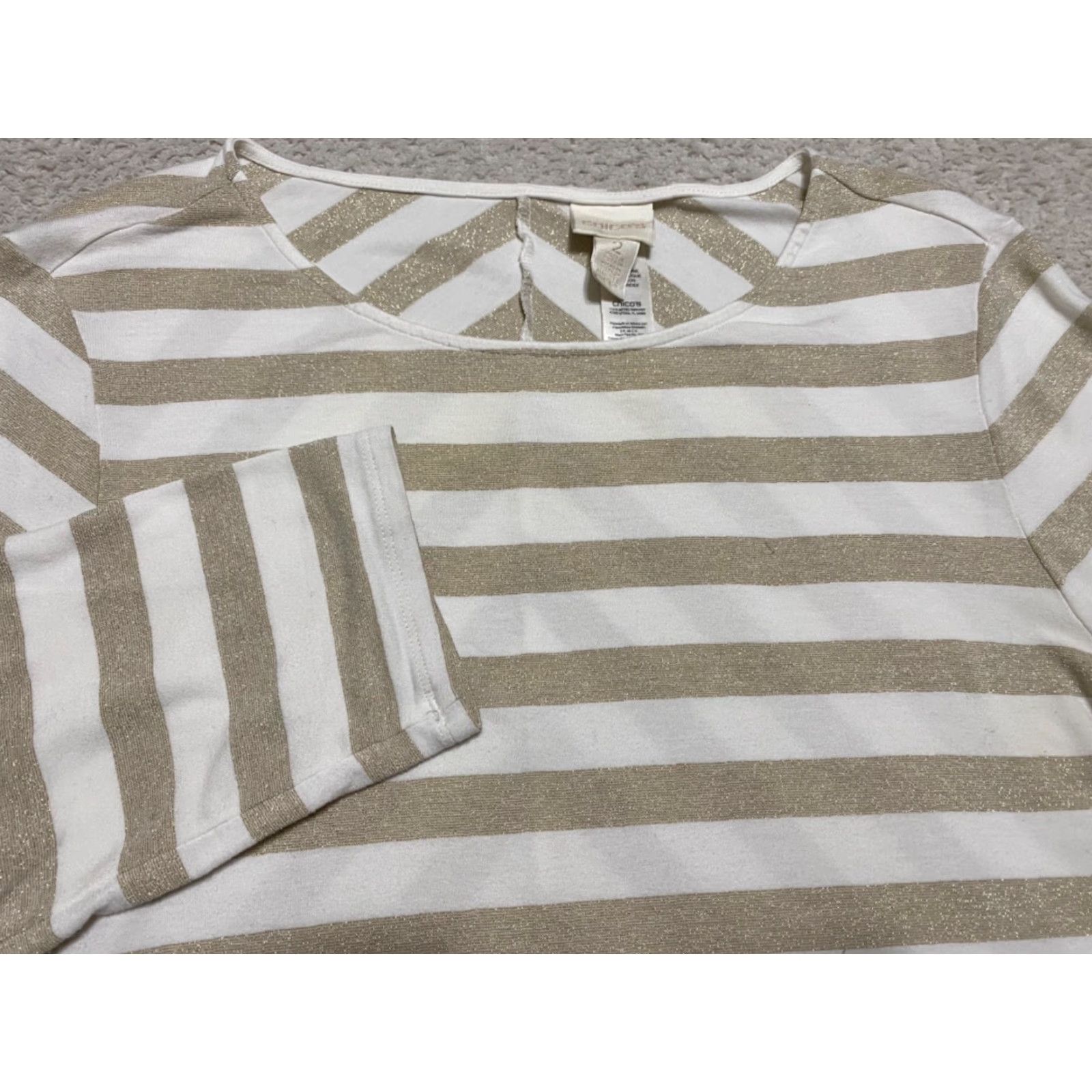 Vintage Chico's Womens Shirt L Brown Striped 3/4 Sleeve Round Neck Rayon Metallic Blouse Size L / US 10 / IT 46 - 2 Thumbnail
