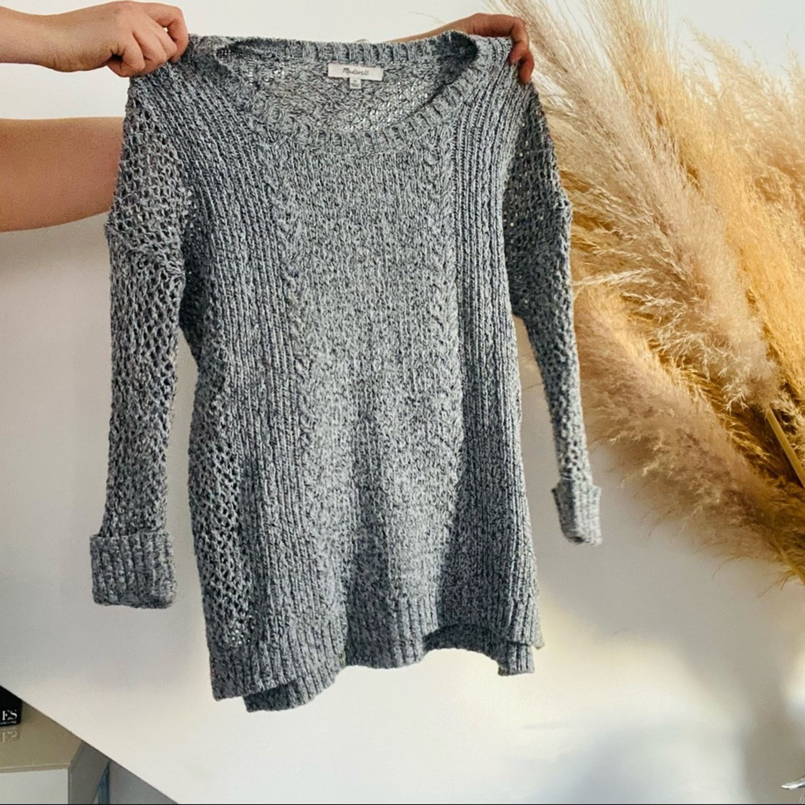 Madewell MADEWELL Heather Grey White Open Knit Weave Sweater Pullover Size XS / US 0-2 / IT 36-38 - 6 Thumbnail