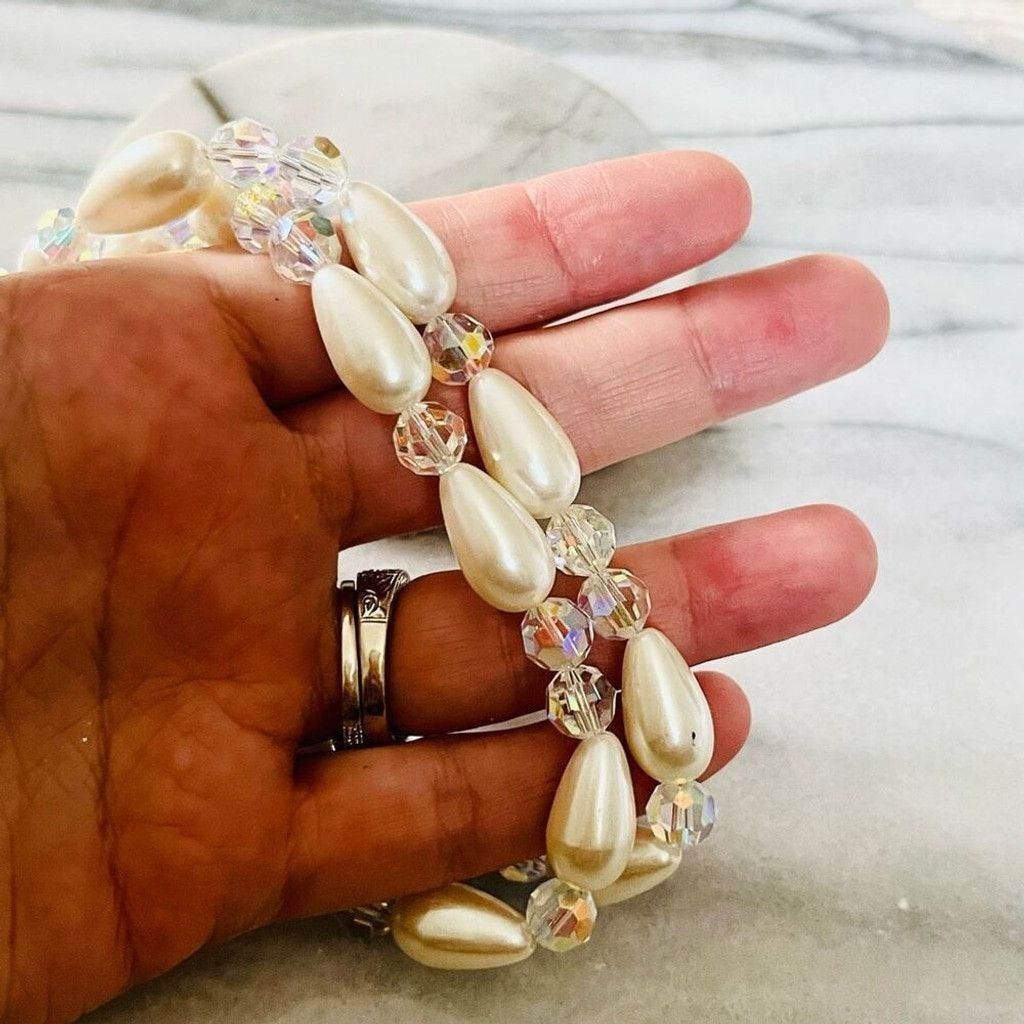Vintage Faux Pearl Beaded Necklace AB Crystal Beads White Size ONE SIZE - 7 Thumbnail