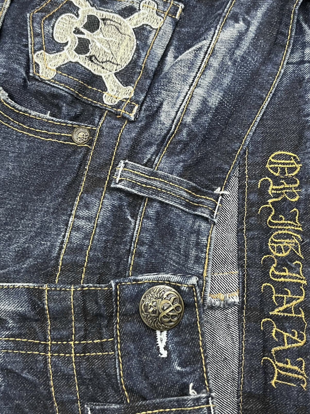 Skullcandy FLARE🔥 S&B Skull Embroidery Distressed Ripped Denim Pants Size US 31 - 16 Thumbnail