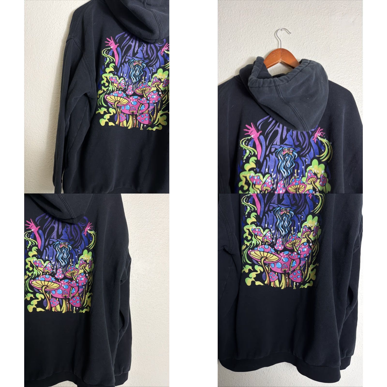 Vintage VINTAGE Alab Mens Large Pullover Hoodie Black Wizard Magic Mushrooms Black Light Size US L / EU 52-54 / 3 - 9 Thumbnail