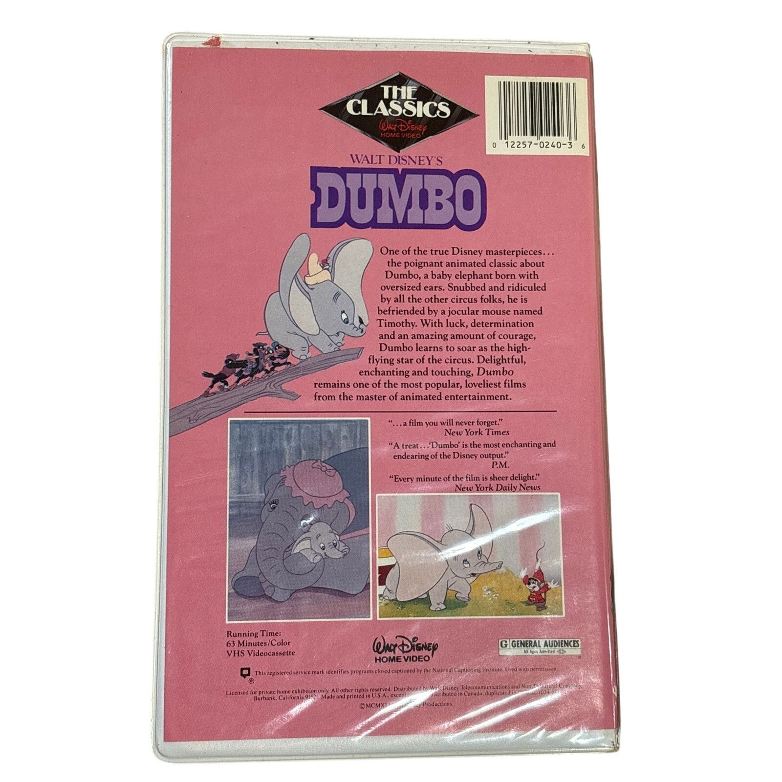 Disney Rare Dumbo (VHS Tape, Walt Disney Black Diamond Pink Spine Size ONE SIZE - 2 Thumbnail