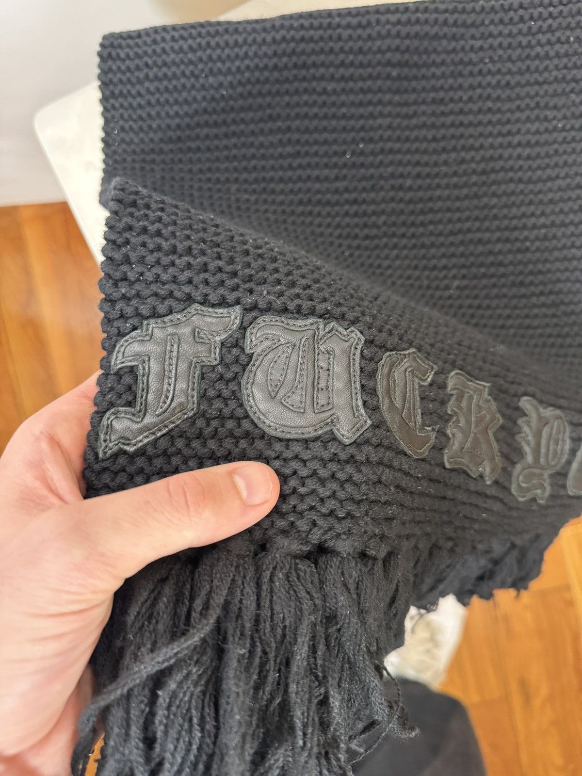 Chrome Hearts 🚭INSANE OG CHROME GRAIL🚭”FUCK YOU” KNIT LEATHER/WOOL SCARF Size ONE SIZE - 7 Thumbnail